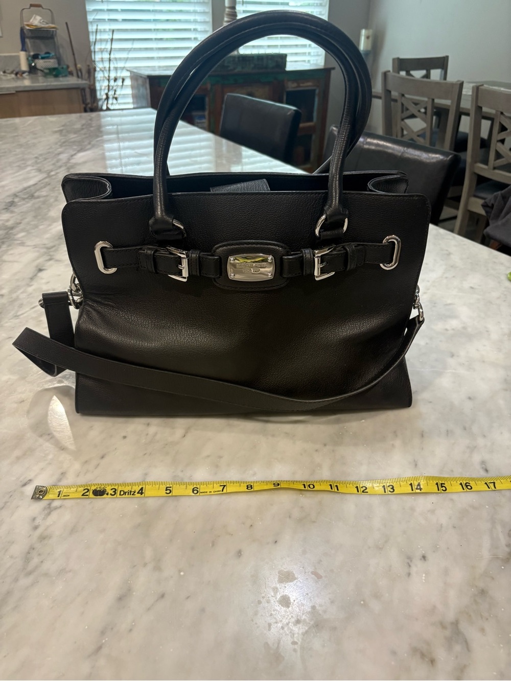 Michael Kors Hamilton Large Satchel Black Pebbled Leather Silver Chain Tote Bag - Picture 4 of 9